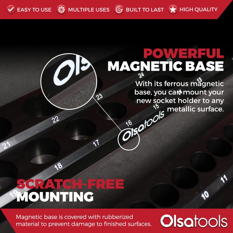 Olsa Tools Magnetic Socket Organizer | 3 Piece Socket Holder Kit | 1/2-Inch, 3/8-Inch, & 1/4-Inch Drive | Metric Black | Holds 75 Sockets | Professional-Grade - Image 4